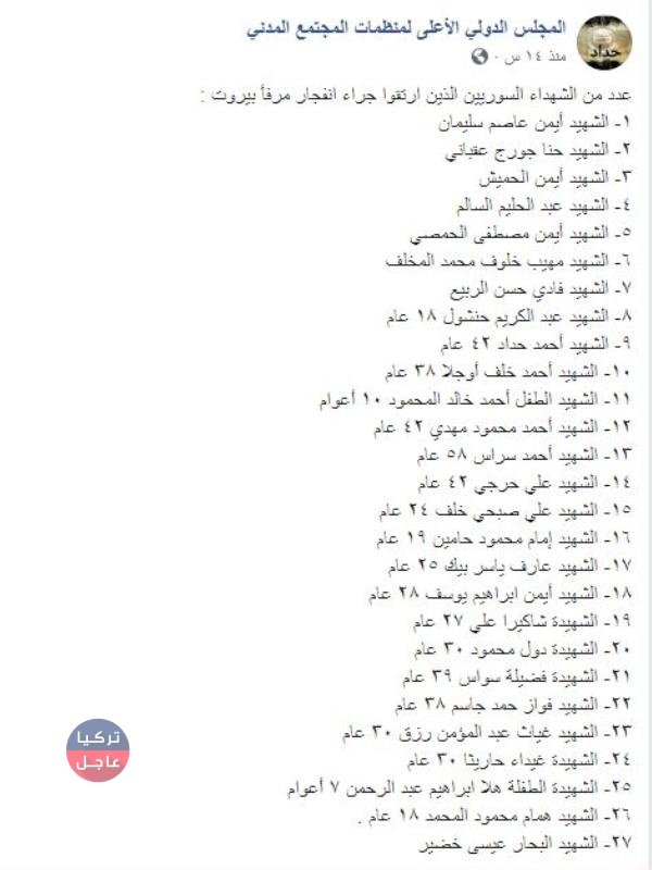 إليكم آخر احصائية لعدد السوريين الذين ارتقوا بانفجار بيروت مع أسمائهم إليكم آخر احصائية لعدد السوريين الذين ارتقوا بانفجار بيروت مع أسمائهم