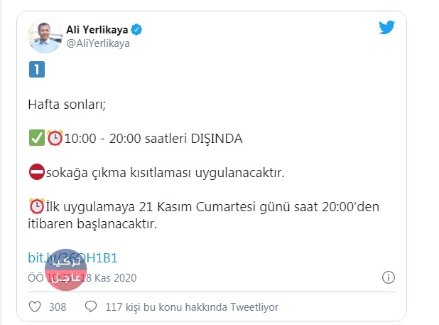 والي إسطنبول يصدر تعليماته بخصوص حظر التجوال عبر تغريدة له على تويتر