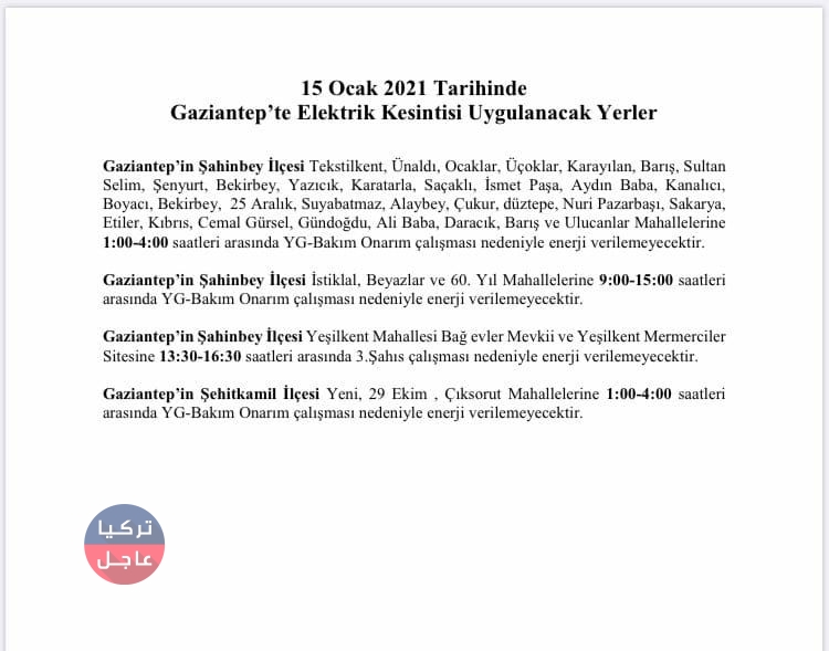 الكهرباء ستقطع في غازي عنتاب في المناطق التالي والاوقات التالية