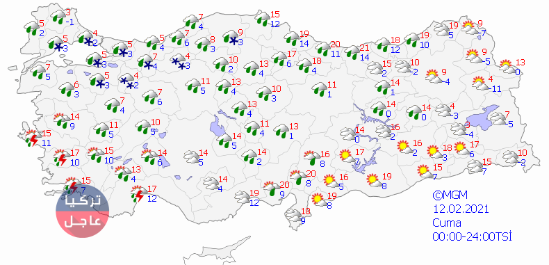 الثلوج تغطي أكثر من نصف تركيا خريطة الثلوج ل 5 أيام