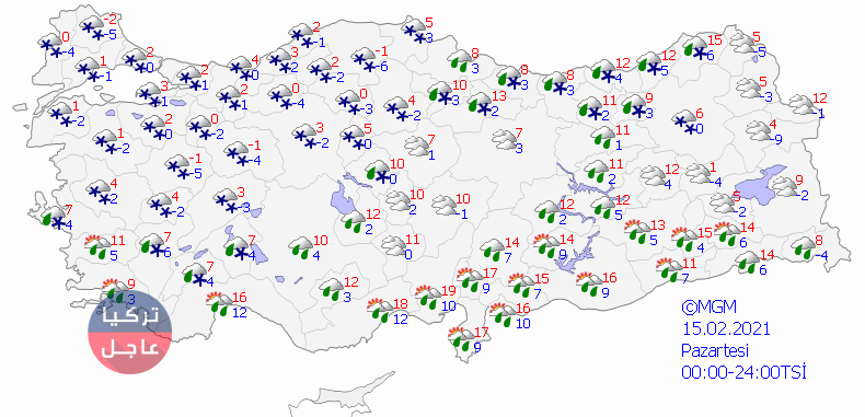 الثلوج تغطي أكثر من نصف تركيا خريطة الثلوج ل 5 أيام