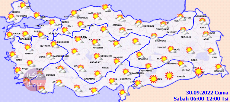 حالة الطقس في تركيا مع خرائط الصباح والمساء اليوم الجمعة 30.09.2022 حالة الطقس في تركيا مع خرائط الصباح والمساء اليوم الجمعة 30.09.2022
