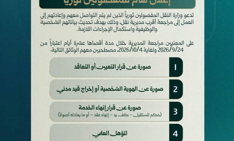 سوريا.. وزارة النقل السورية تمنح المفصولين بسبب الثورة 10 أيام لتحديث بياناتهم.. وهذه الوثائق المطلوبة