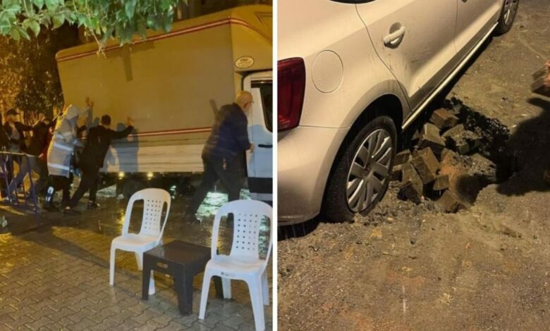 انهيار طريق في إسطنبول التركية بعد الأمطار وسيارات عدة تدخل الحفرة