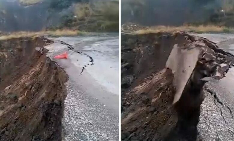 أمطار غزيرة تجرف التربة من تحت طريق في تركيا وتؤدي إلى انهياره