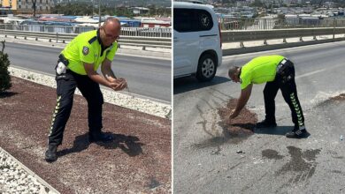 بعد حادث في هاتاي.. وزير الداخلية التركي يشيد بشرطي حمل التراب بيديه فوق زيت الطريق