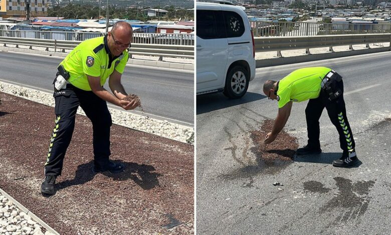 بعد حادث في هاتاي.. وزير الداخلية التركي يشيد بشرطي حمل التراب بيديه فوق زيت الطريق