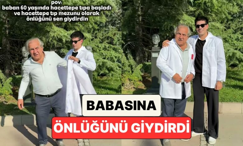 طبيب يلبس والده معطف الطب في الكلية نفسها بعد التحاقه بها في سن الستين