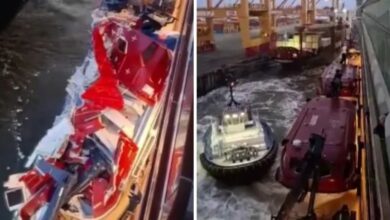 اصطدام سفينة سياحية بسفينة حاويات في ألمانيا.. وشق بطول 10 أمتار
