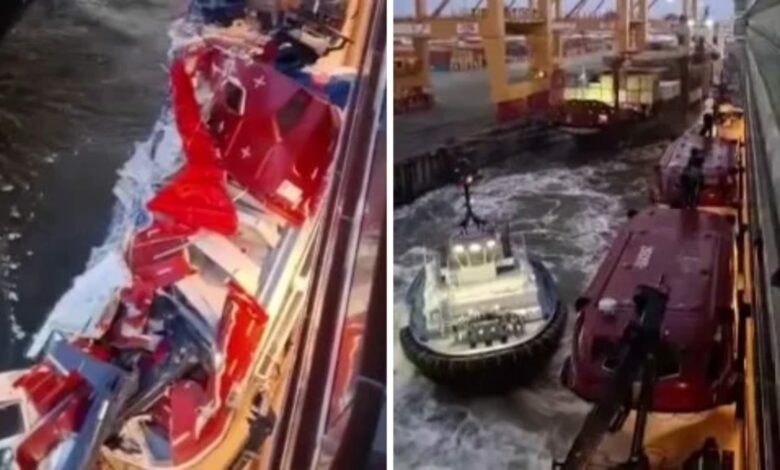 اصطدام سفينة سياحية بسفينة حاويات في ألمانيا.. وشق بطول 10 أمتار